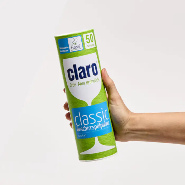 Dose claro Classic Geschirrspülpulver mit grünem Design und blauem Etikett für 50 Spülgänge, ausgezeichnet mit dem EU Ecolabel