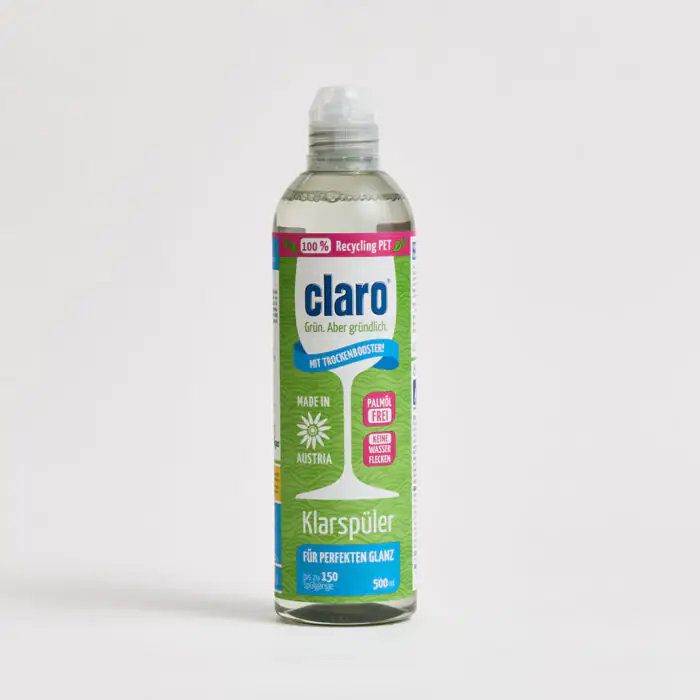 Flasche claro Klarspüler 500 ml mit blauem Etikett, „Mit Trockenbooster“, palmölfrei und bis zu 150 Spülgänge