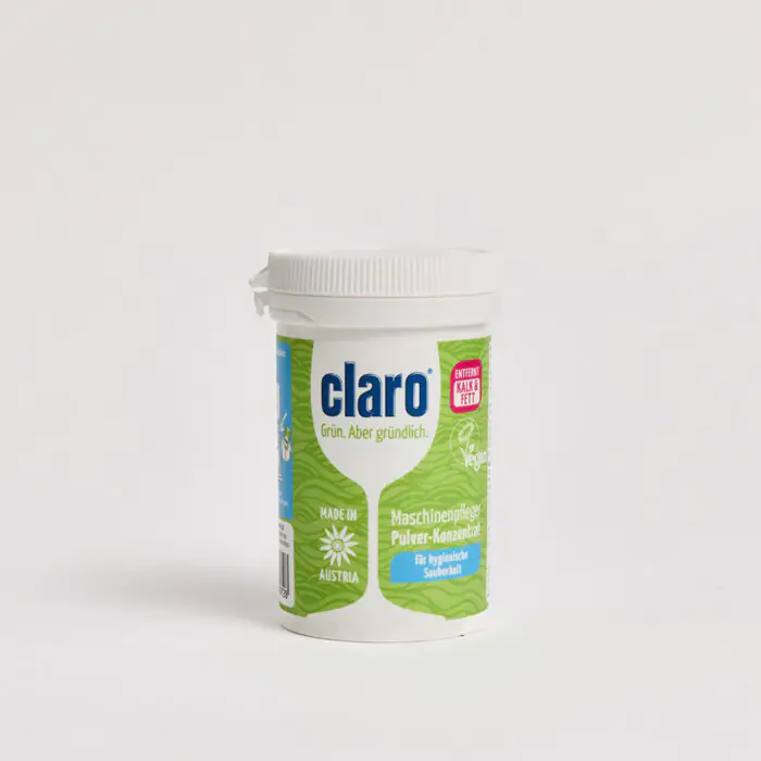 Becher claro Maschinenpflege Pulver-Konzentrat in Weiß-Grün, vegan, entfernt Kalk & Fett, sorgt für hygienische Sauberkeit