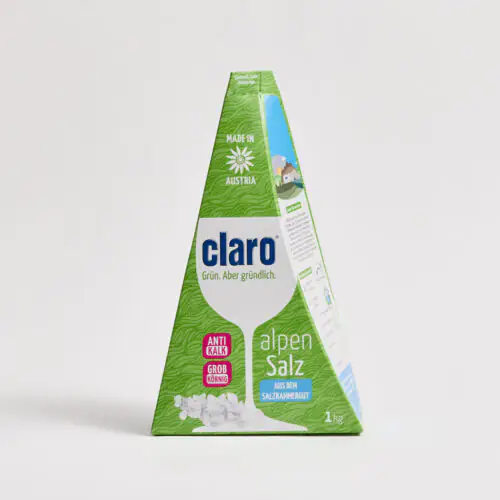 Grüne, pyramidenförmige Packung claro alpenSalz (1 kg) aus dem Salzkammergut, grobkörnig, gegen Kalk, Made in Austria