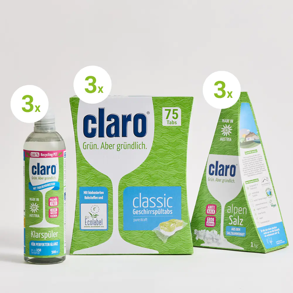 Systempaket hoch 3 mit claro Spülprodukten: 3x Classic Geschirrspültabs, 3x Alpensalz, 3x Klarspüler als nachhaltiges Vorteilspaket arrangiert