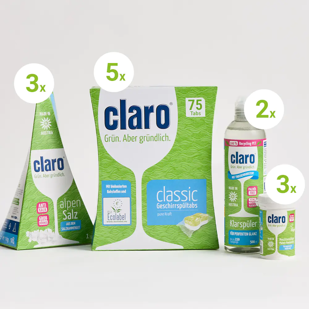 Jahresvorrat claro Spülprodukte: 5x Classic Geschirrspültabs, 3x Maschinenpflege, 3x Alpensalz, 2x Klarspüler als nachhaltiges Vorteilspaket arrangiert