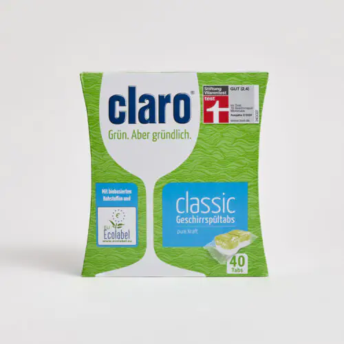 Packung claro Classic Geschirrspültabs mit 40 Tabs, EU Ecolabel und Bewertung „GUT (2,4)“ von Stiftung Warentest