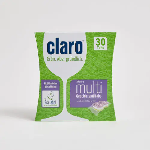 Packung claro Multi Geschirrspültabs (30 Tabs) mit lila Etikett, Alles-in-1-Formel, EU Ecolabel und biobasierte Rohstoffe