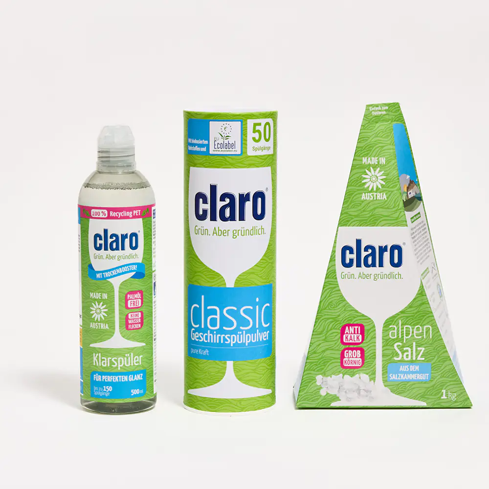 Das Set aus claro Klarspüler, Classic Pulver (50 Spülgänge) und Alpensalz für eine perfekte Reinigungsleistung