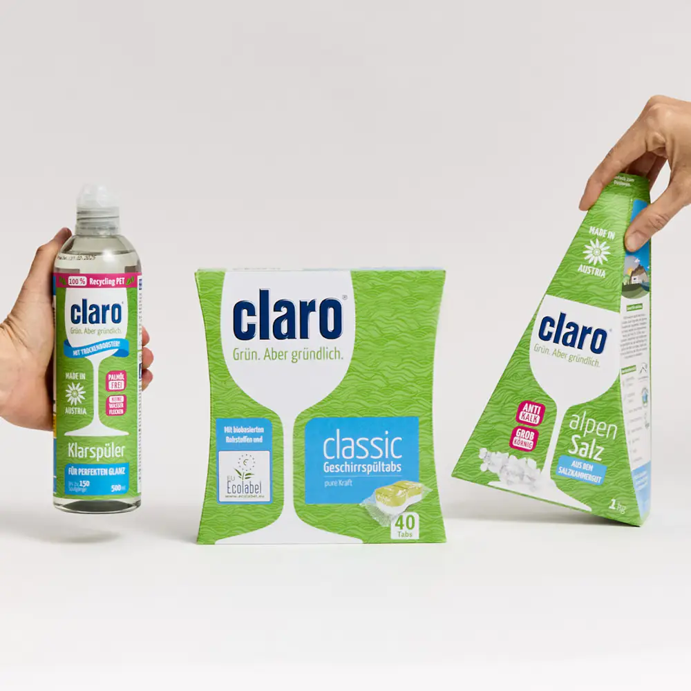 claro Klarspüler, daneben claro Classic Tabs (40 Stück) und claro alpenSalz – nachhaltiges Spül-Starterpaket
