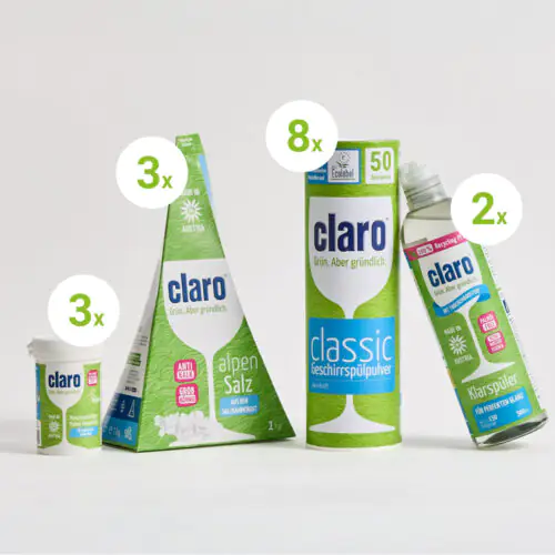 Jahresvorrat claro Spülprodukte: 8x Classic Pulver, 3x Maschinenpflege, 3x Alpensalz, 2x Klarspüler als nachhaltiges Vorteilspaket arrangiert