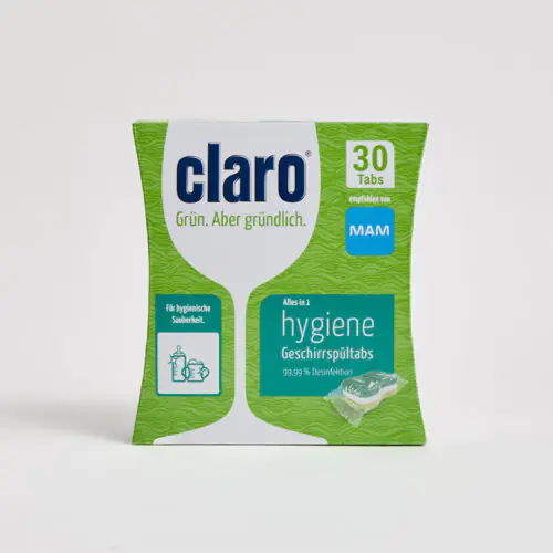 Packung claro Hygiene Geschirrspültabs mit 30 Tabs, grün-türkisfarbenes Design, 99,99 % Desinfektion, empfohlen von MAM