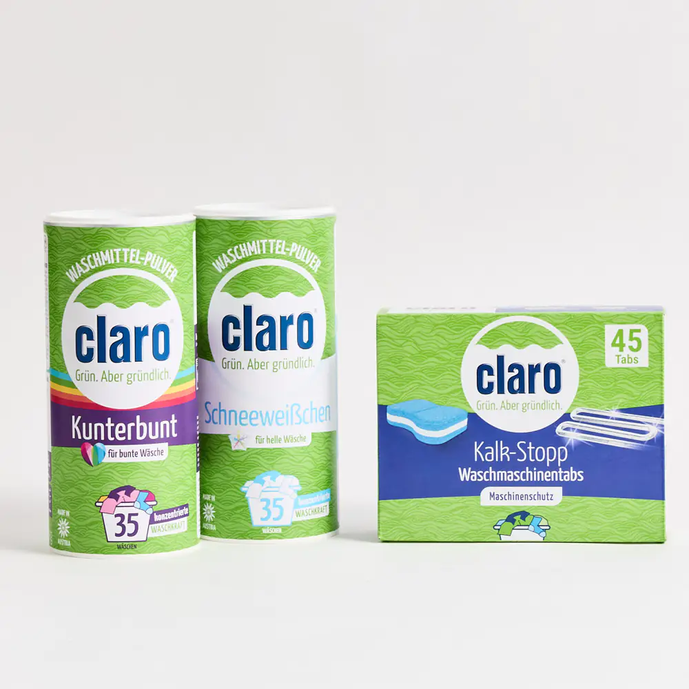 claro Waschpaket mit Kunterbunt- und Schneeweißchen-Waschmittel (je 35 Wäschen) und 45 Kalk-Stopp Tabs für bunte, helle Wäsche & Maschinenschutz