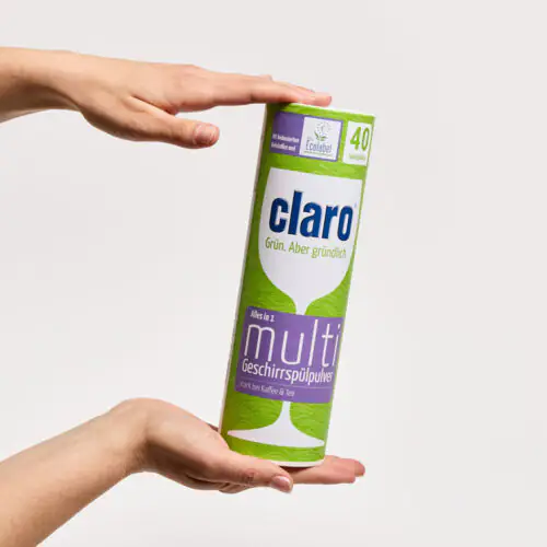 Dose claro Multi Geschirrspülpulver (40 Spülgänge) mit violettem Etikett, „Alles in 1“, stark bei Kaffee- und Teerückständen