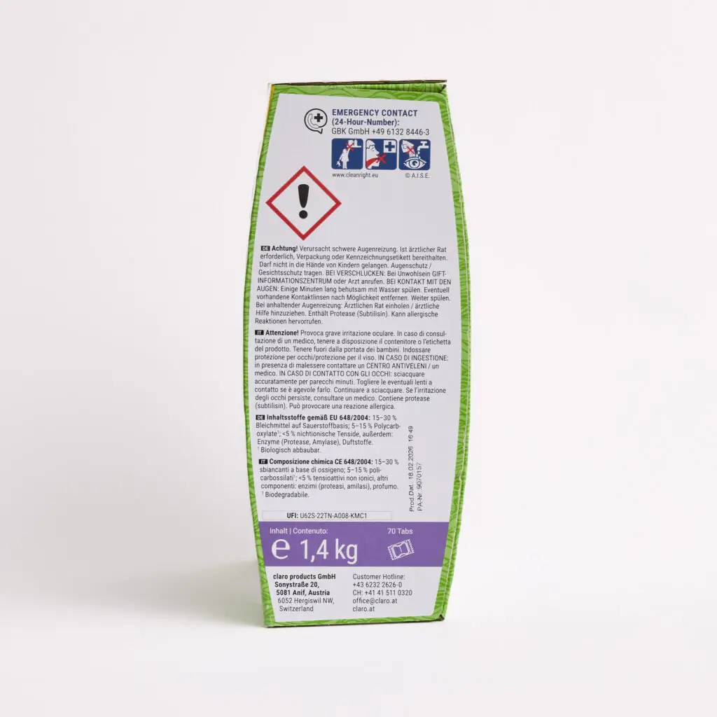 Seite der Verpackung der claro Multi Tabs