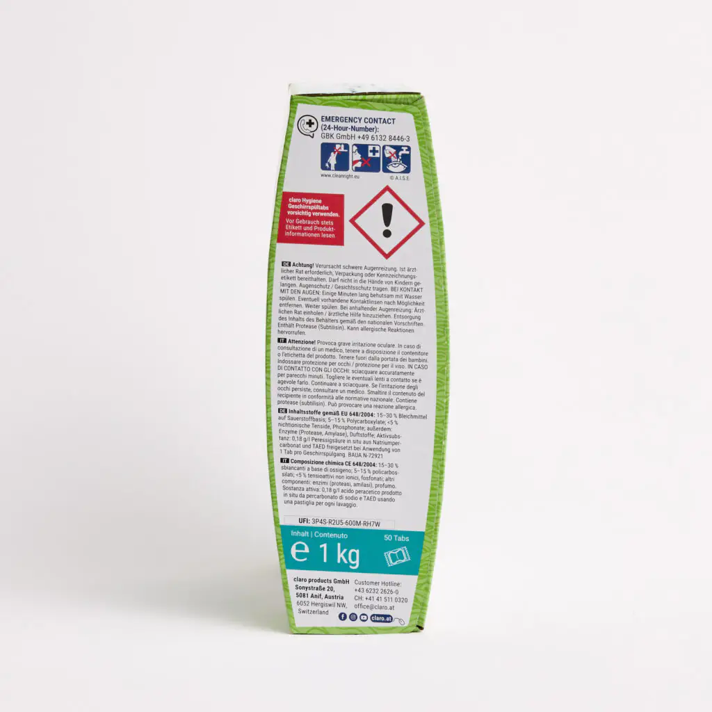 Seite der Verpackung der claro Hygiene Tabs