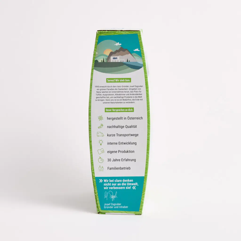 Zweite Seite der Verpackung der claro Hygiene Tabs